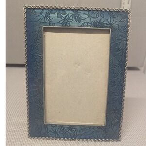 VTG Blue Embossed Floral Snowflake Geometric Photo Frame Silver Rope Trim